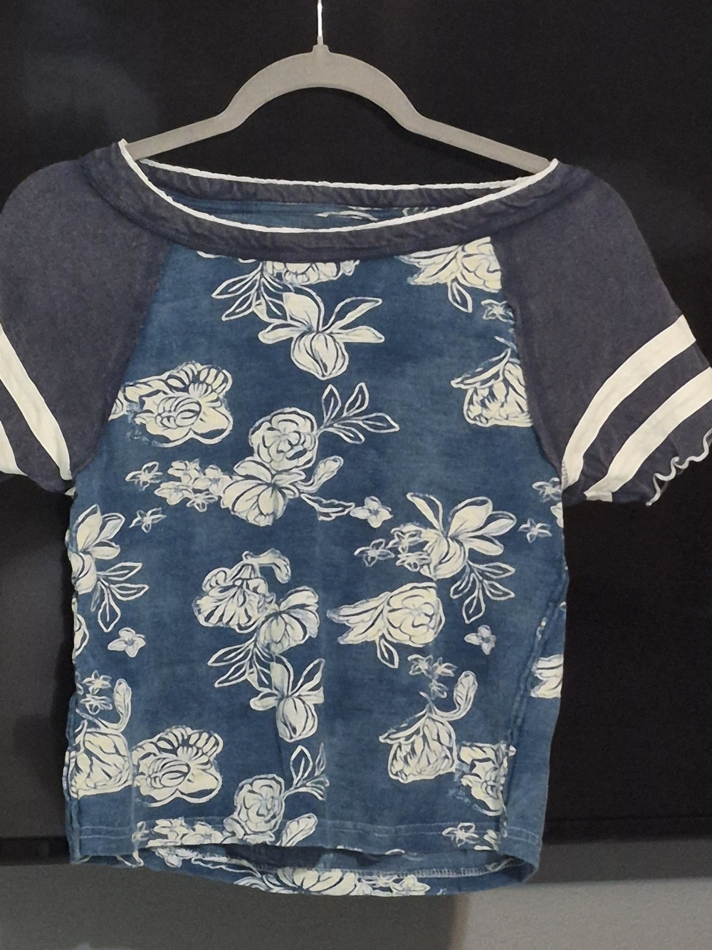 We The Free Blue Floral Raglan Tee with Navy Sleeves